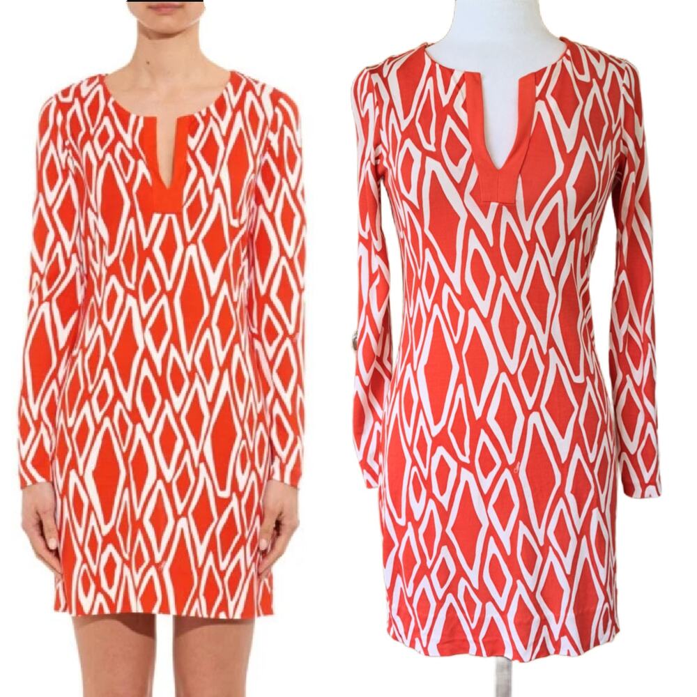 DIANE von FURSTENBERG Reina Long Sleeve Silk Jersey Mini Dress Size 2 Coral Ikat